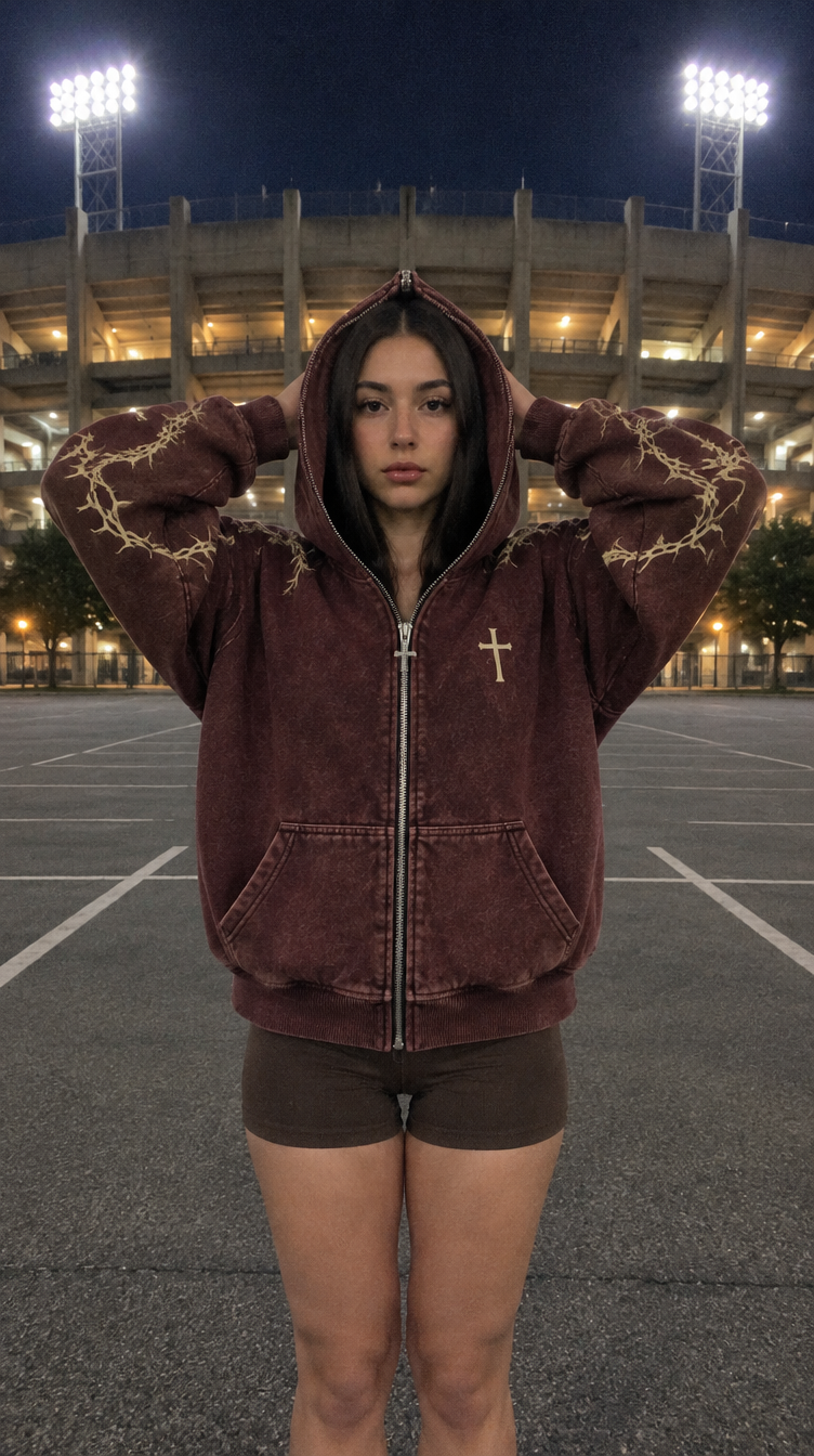 Walk By Faith zip hoodie in washed maroon, front